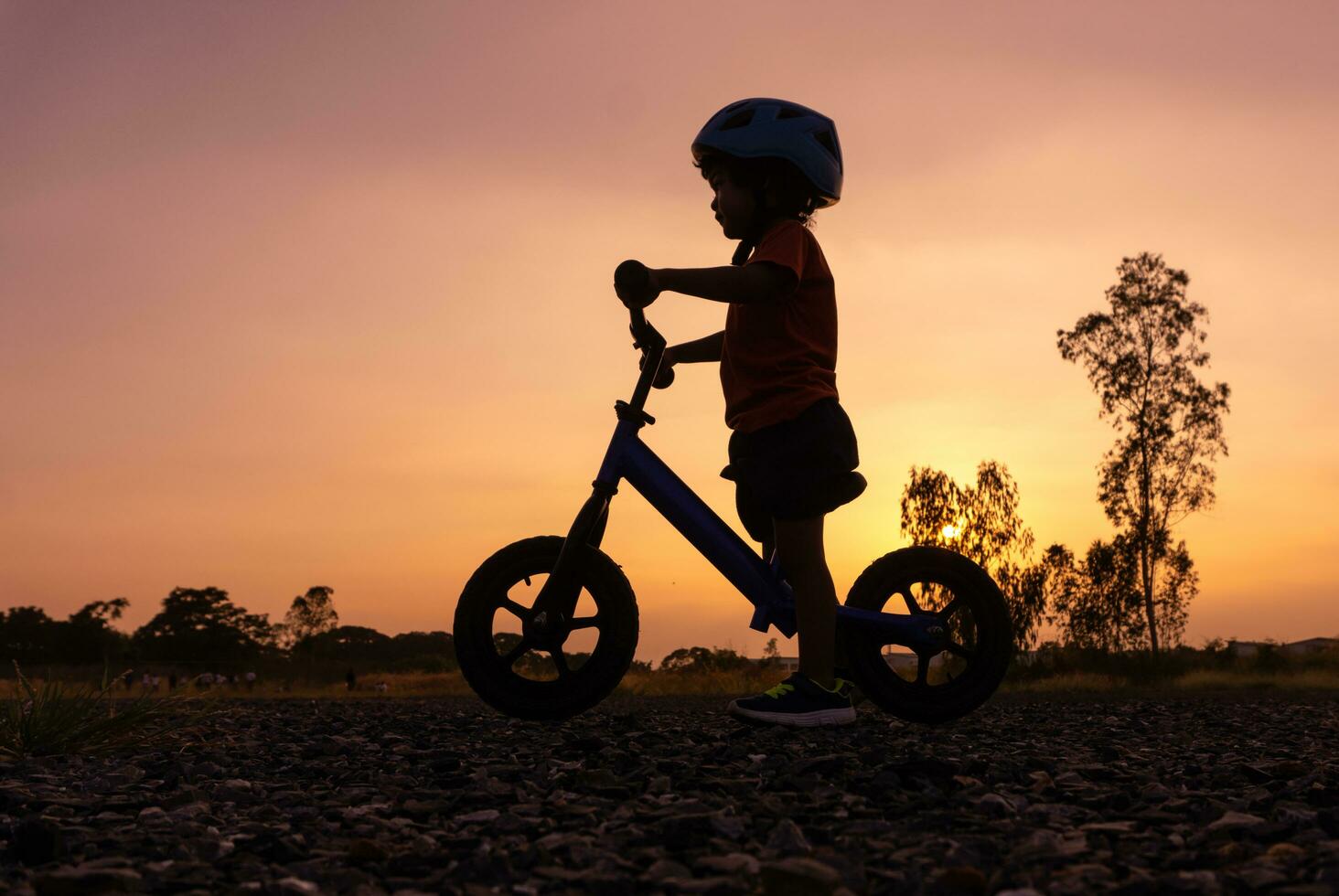 silhueta ásia criança primeiro dia jogar Saldo bicicleta. foto