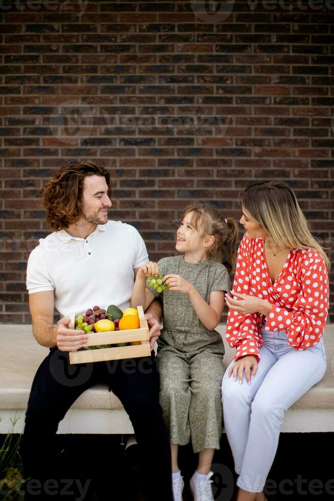 família com uma mãe, pai e filha sentado lado de fora em a passos do uma frente varanda do uma tijolo casa foto