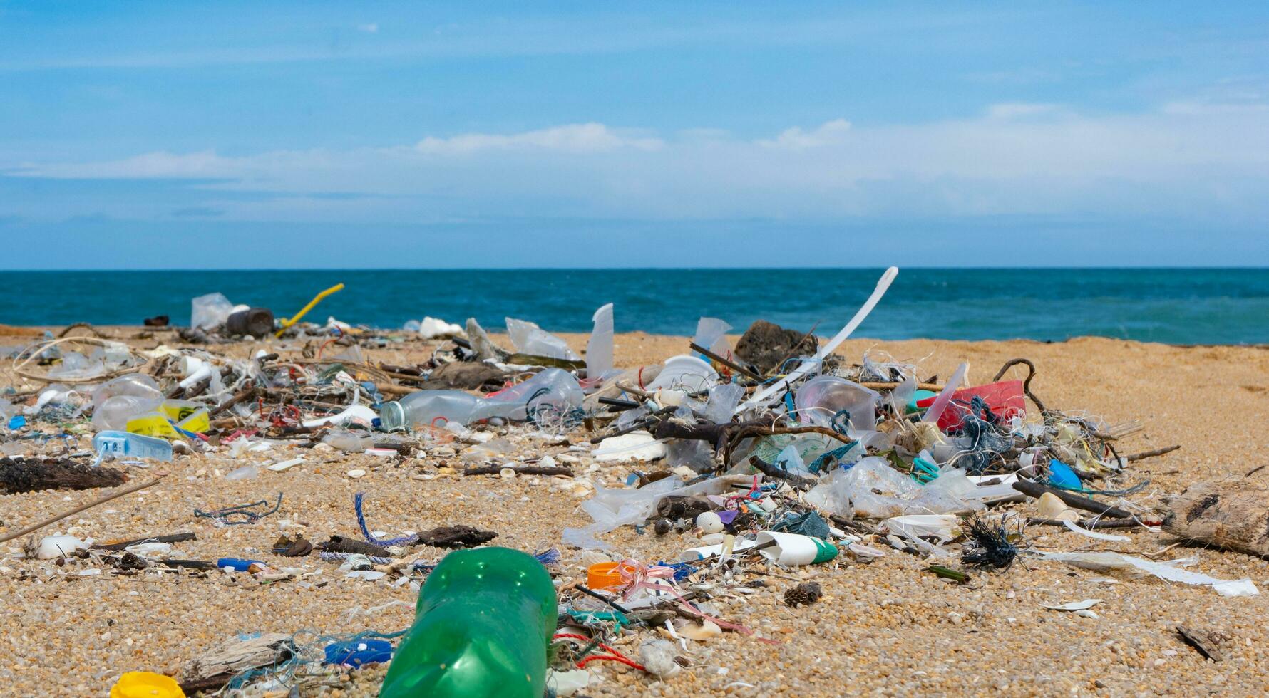 plástico desperdício meio Ambiente poluição em a de praia foto