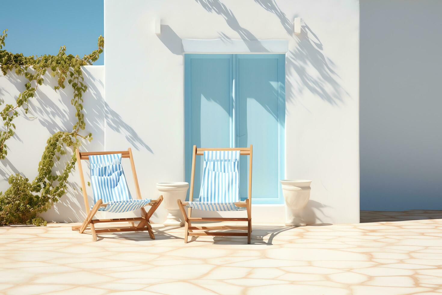 tradicional Mediterrâneo casa com verão terraço espreguiçadeira, ai gerado foto