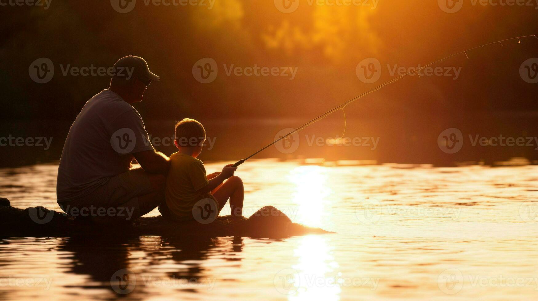 pai e filho pescaria às pôr do sol. generativo ai. foto