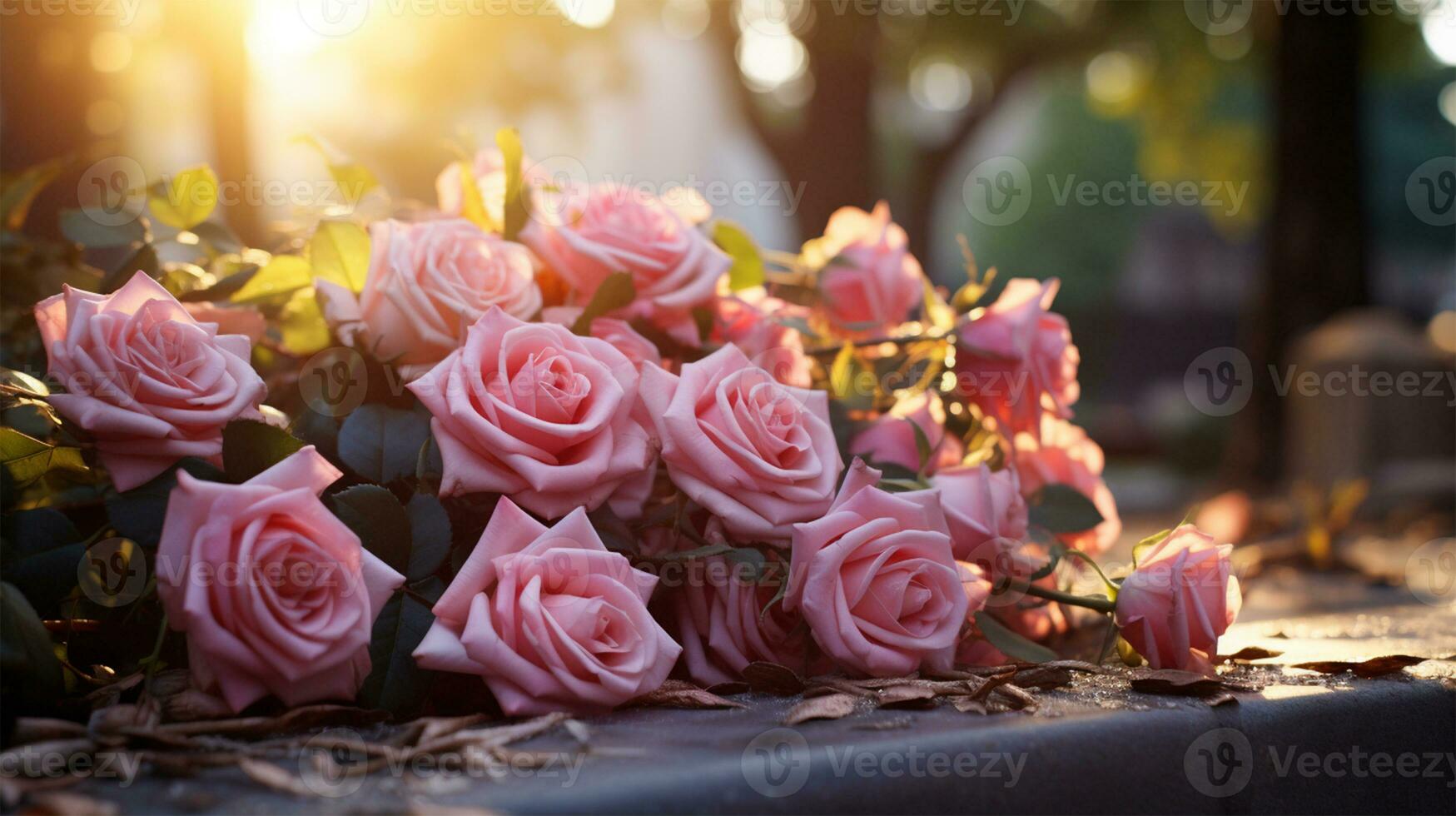 Rosa rosas em a sepultura dentro a cemitério às pôr do sol, raso profundidade do campo ai gerado foto