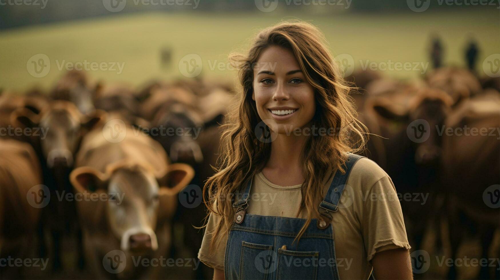 retrato do sorridente jovem mulher olhando às Câmera enquanto em pé dentro campo com vacas ai gerado foto