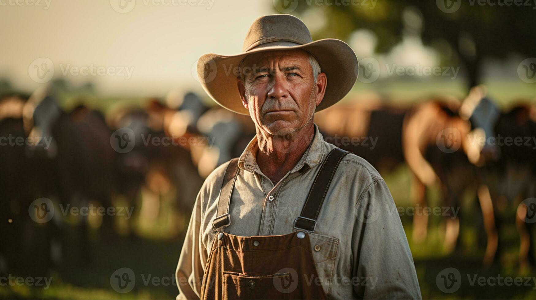 agricultor em pé dentro frente do rebanho do vacas às pôr do sol. foco em homem ai gerado foto