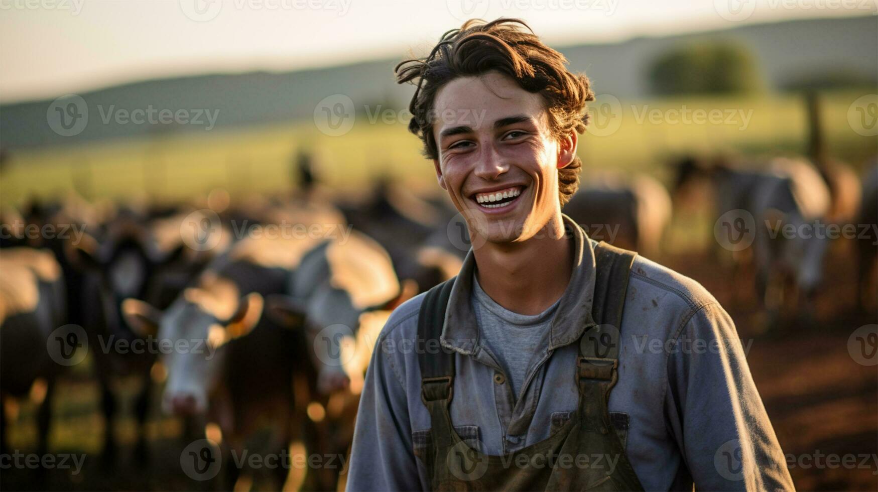 retrato do feliz Garoto em pé dentro estábulo às Fazenda durante pôr do sol ai gerado foto