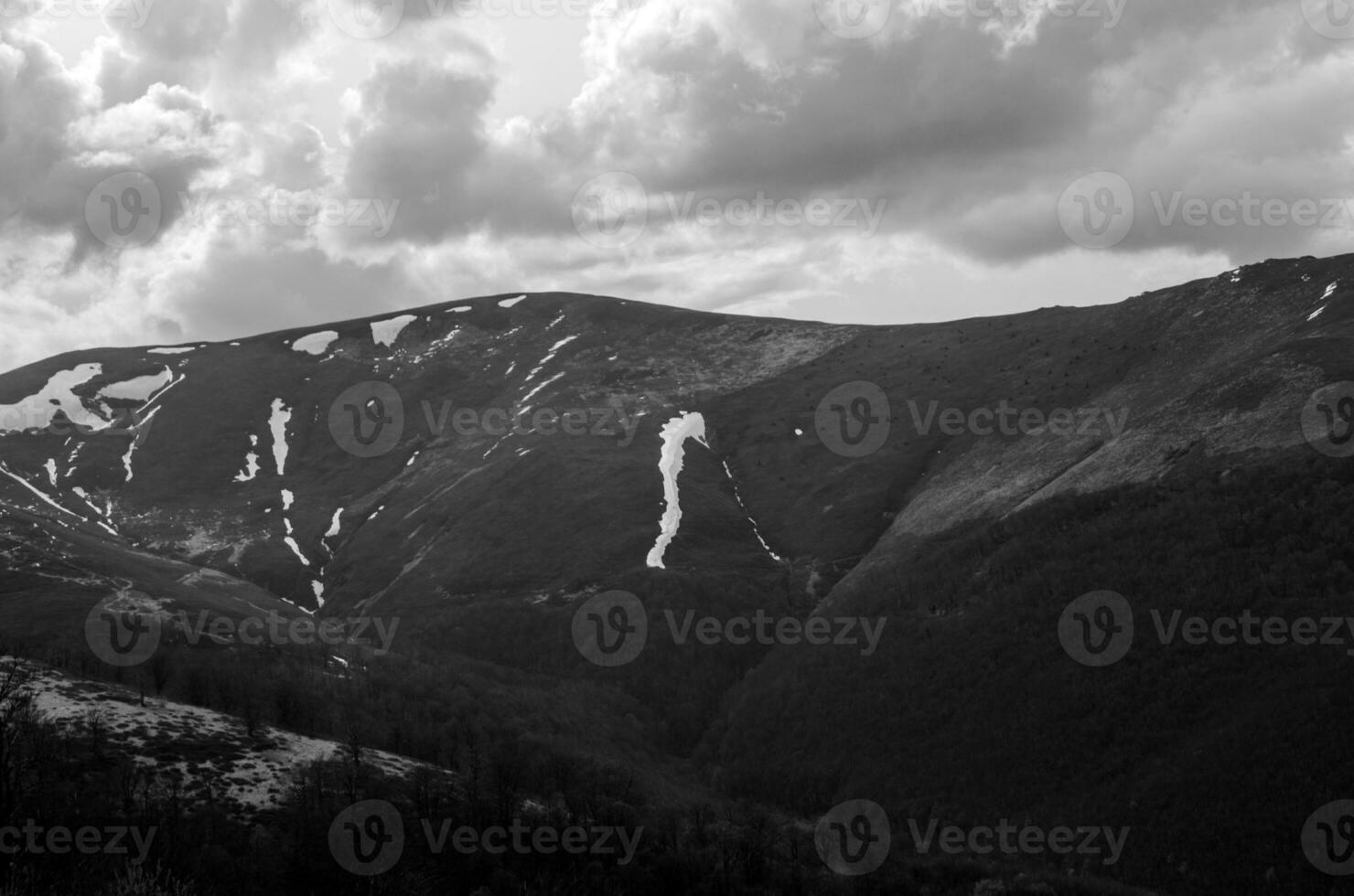 montanhas e florestas Preto e branco fundo foto