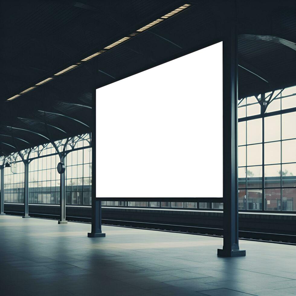 em branco retângulo Painel publicitário brincar em trem estação. generativo ai foto