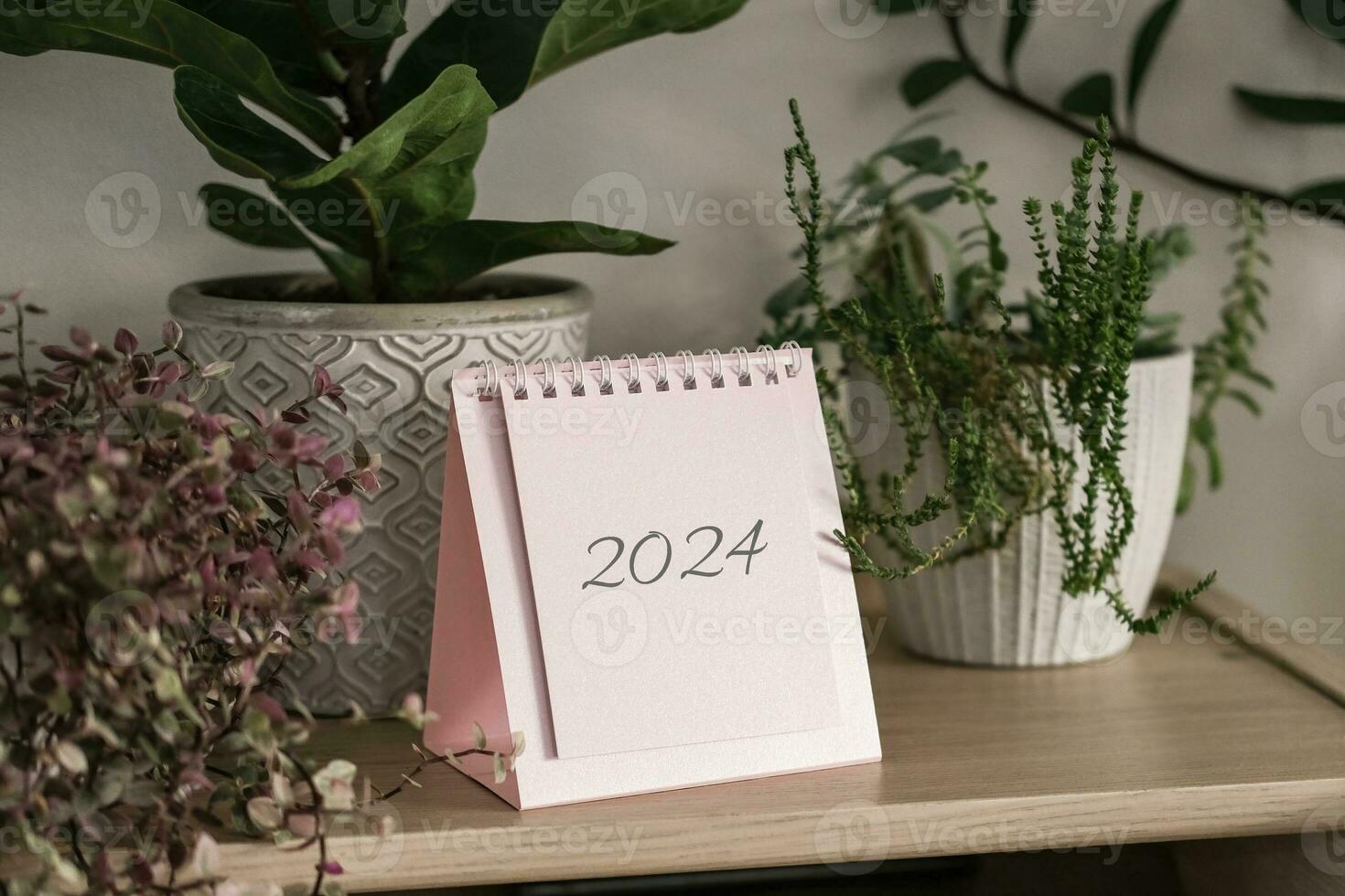 calendário 2024 e casa plantas em uma estante foto