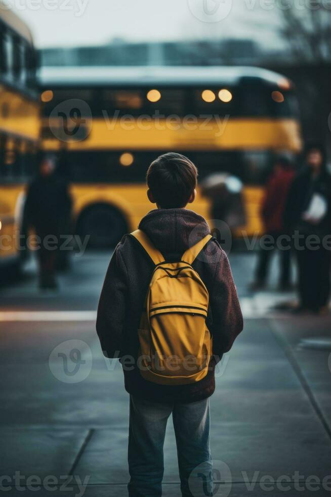 Garoto com amarelo mochila esperando para escola ônibus.generativo ai foto