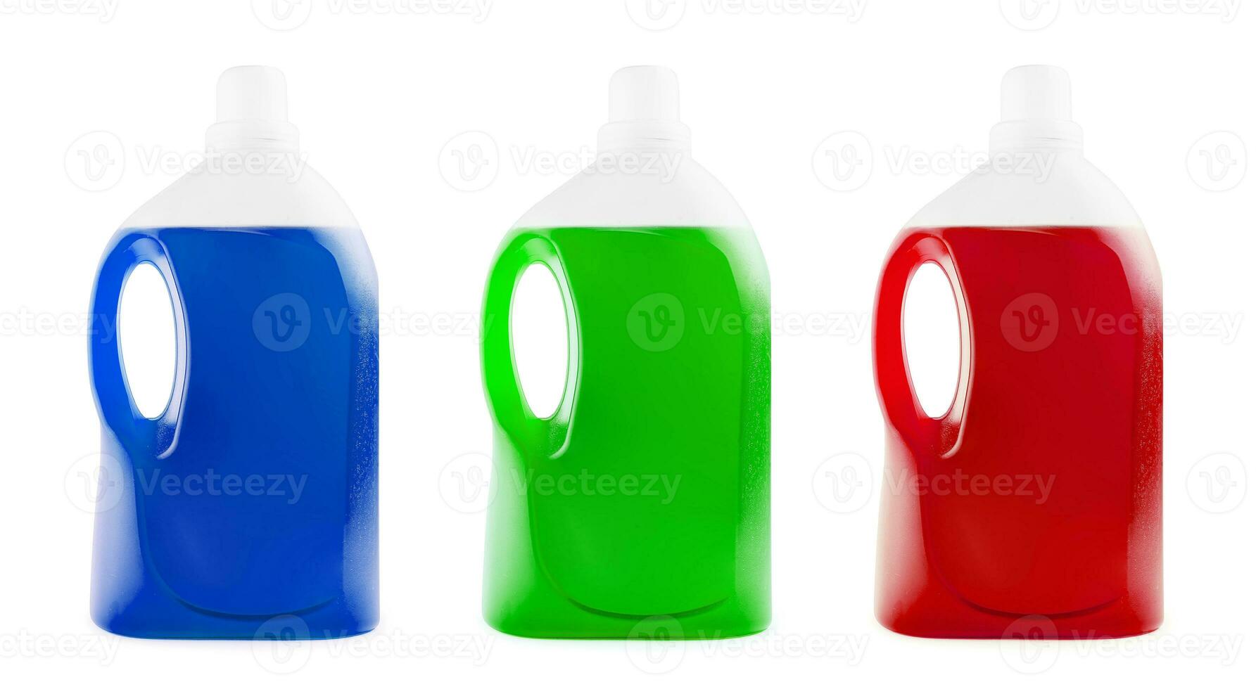 azul, verde e vermelho líquido Sabonete ou detergente dentro uma plástico garrafas foto