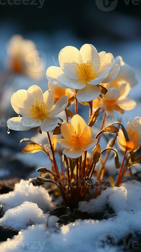 acônito flor em inverno neve tarde Sol ai gerado foto