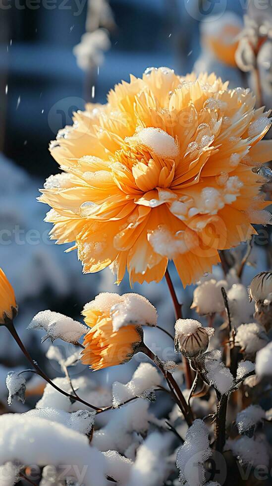 inverno calêndula flor coberto de neve tarde Sol ai gerado foto