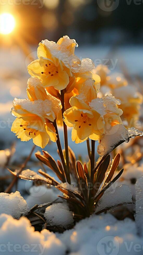 estático flor inverno neve pôr do sol luz ai gerado foto