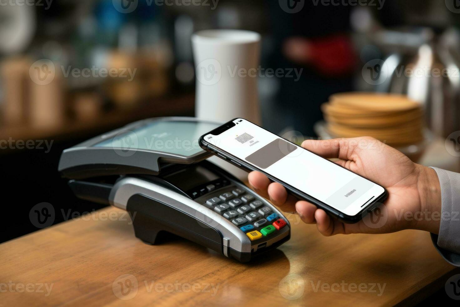 cliente usando telefone para Forma de pagamento às cafeteria restaurante. generativo ai foto