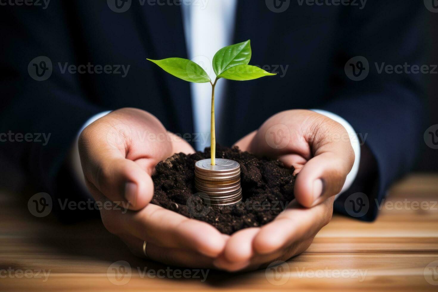 homem segurando quadril do moedas com pequeno verde plantinha crescendo a partir de eles. generativo ai foto