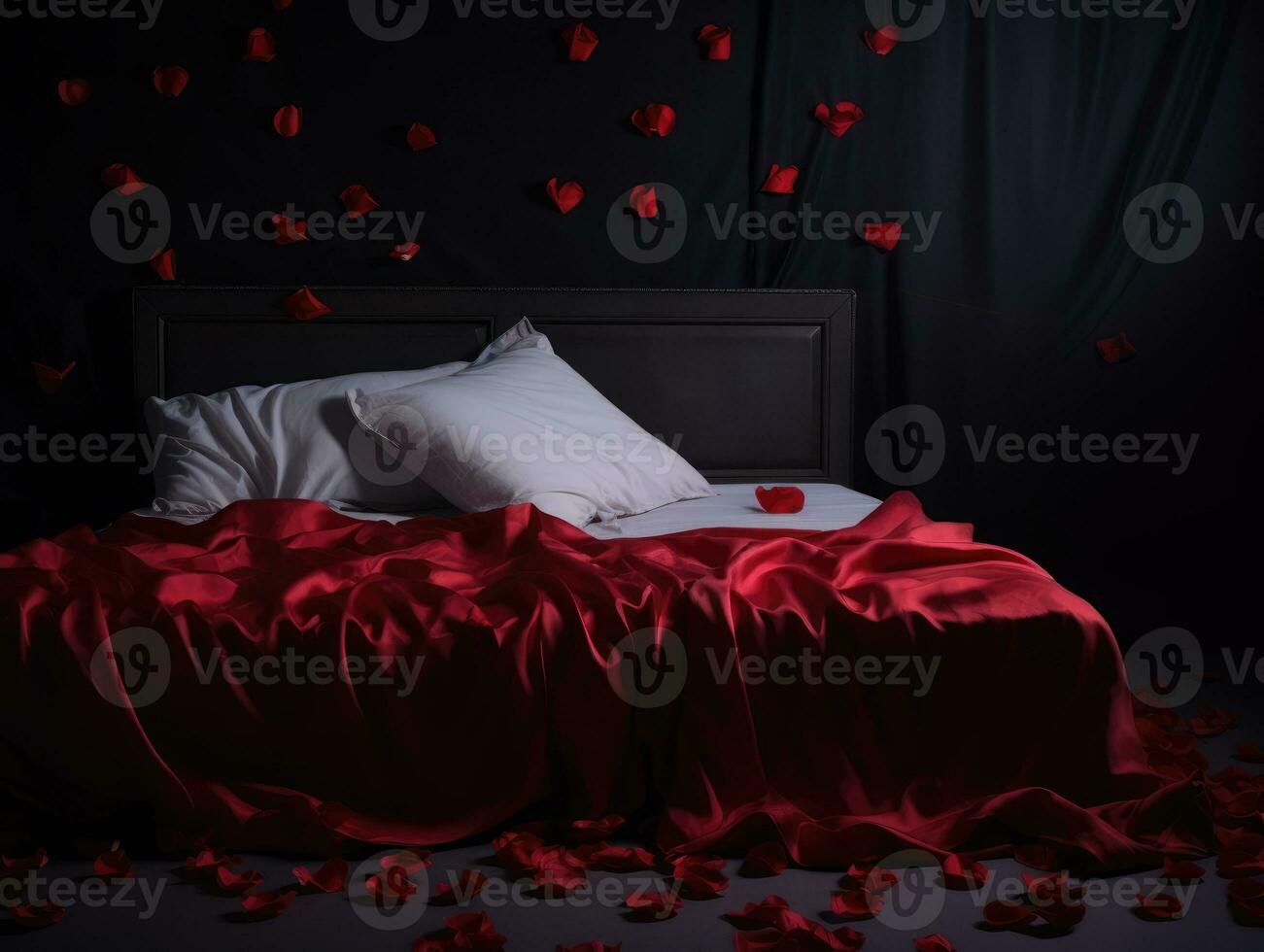 ai gerado ai geração. romântico dia dos namorados dia fundo com cama com vermelho roupa de cama, rosa pétalas foto