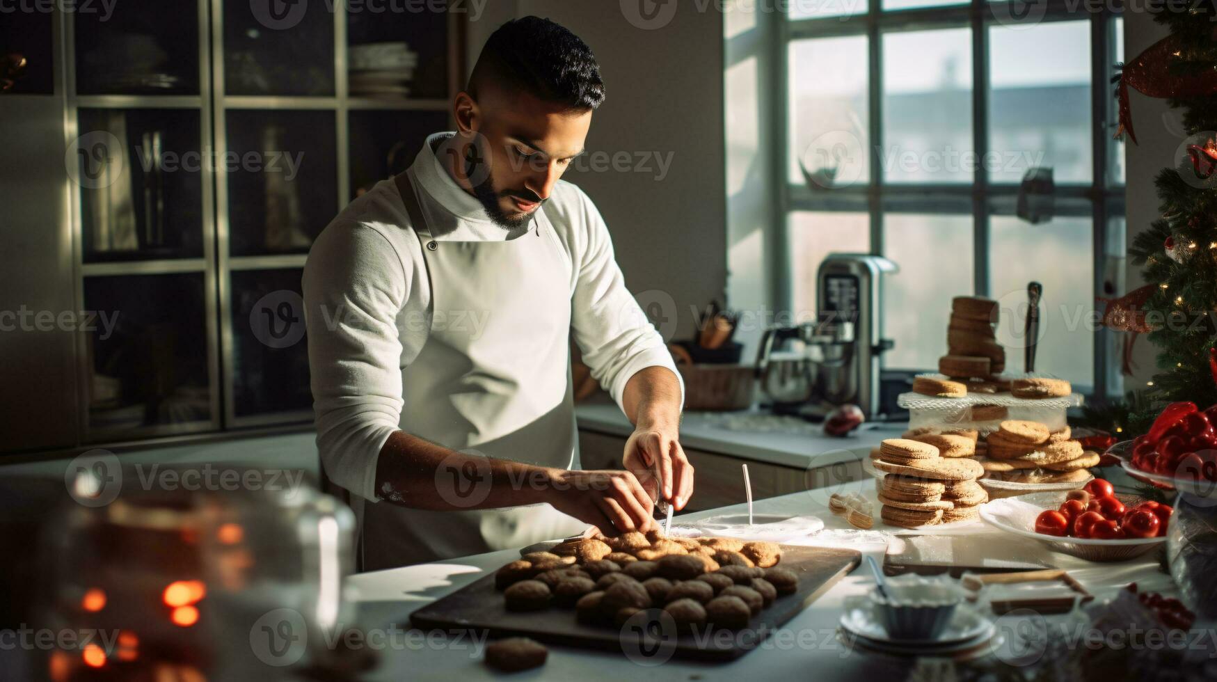 ai gerado multy étnico homem e mulher cozimento, preparando festivo jantar dentro moderno cozinha com Natal decorações foto