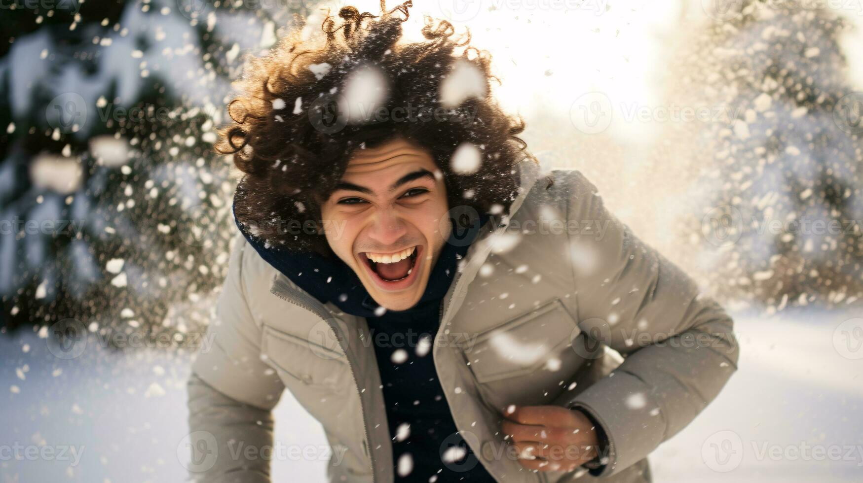 ai gerado fechar acima retrato do uma modelo alegremente gritando para dentro queda primeiro neve foto