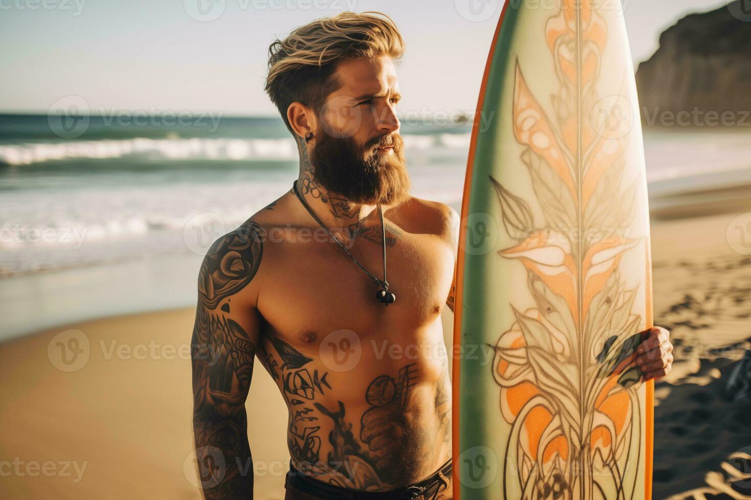 ai gerado lindo masculino surfista com prancha de surfe em a arenoso de praia. água Esportes. saudável ativo estilo de vida. surf. extremo esporte. foto