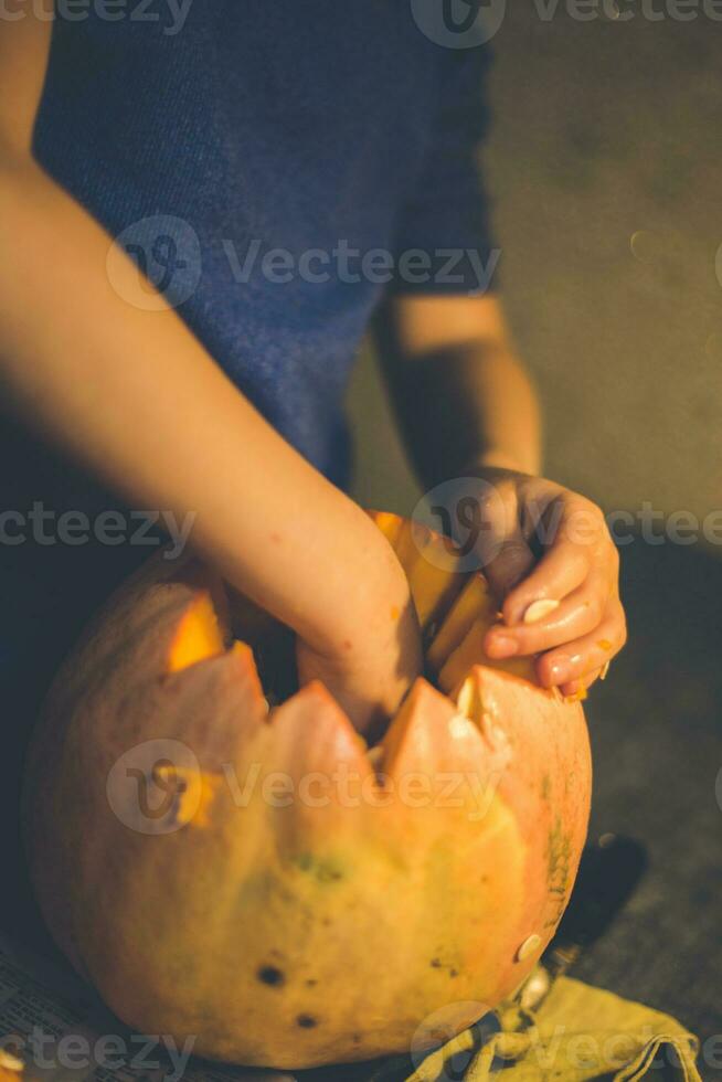 criança entalha a partir de uma abóbora. família Diversão atividade. arquivado abóboras para dentro jack-o-lanterns para dia das Bruxas. escultura grande laranja abóboras para dia das Bruxas dentro atrasado outono. foto