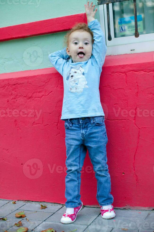alegre pequeno lindo menina carrinhos perto uma vermelho muro. a criança elevado dele mão caminhando baixa a rua. foto