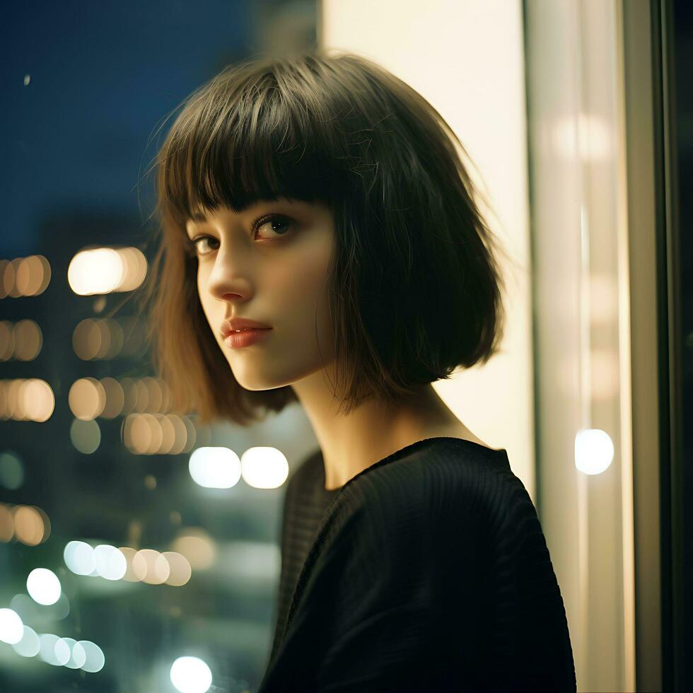 uma bonita japonês mulher com francês prumo cortar penteado ai gerado foto