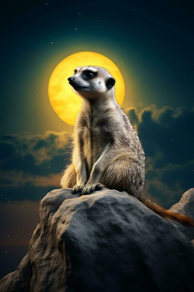 uma meerkat sentado em topo do uma ampla Rocha ai gerado foto