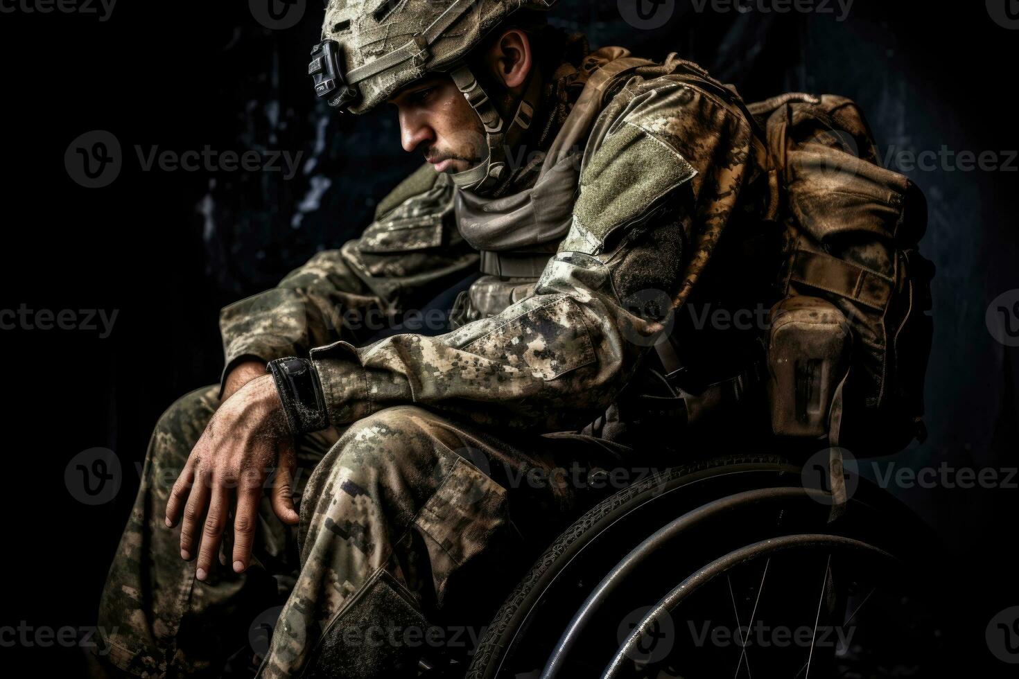 ai gerado uma de soldado coragem - homem dentro militares uniforme dentro cadeira de rodas - generativo ai foto