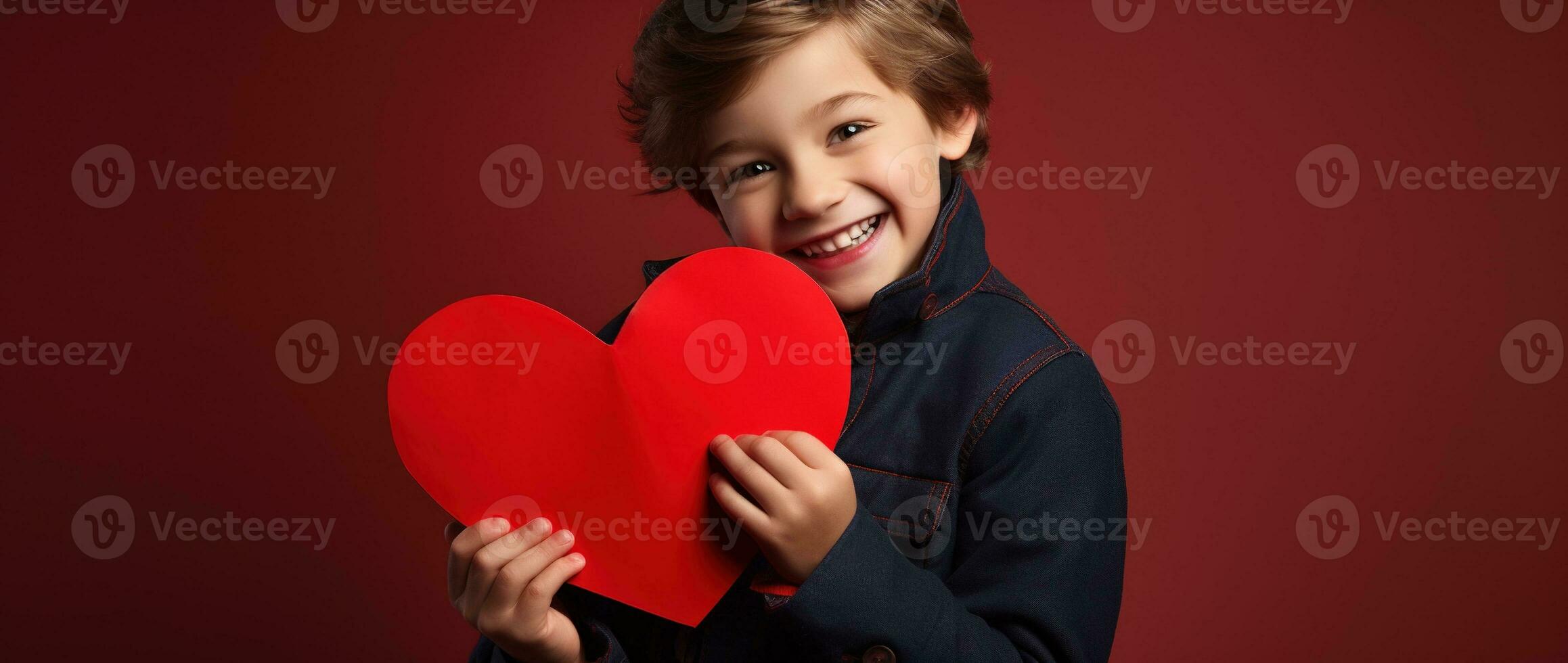 ai gerado feliz pequeno Garoto com vermelho corações em dia dos namorados dia. foto