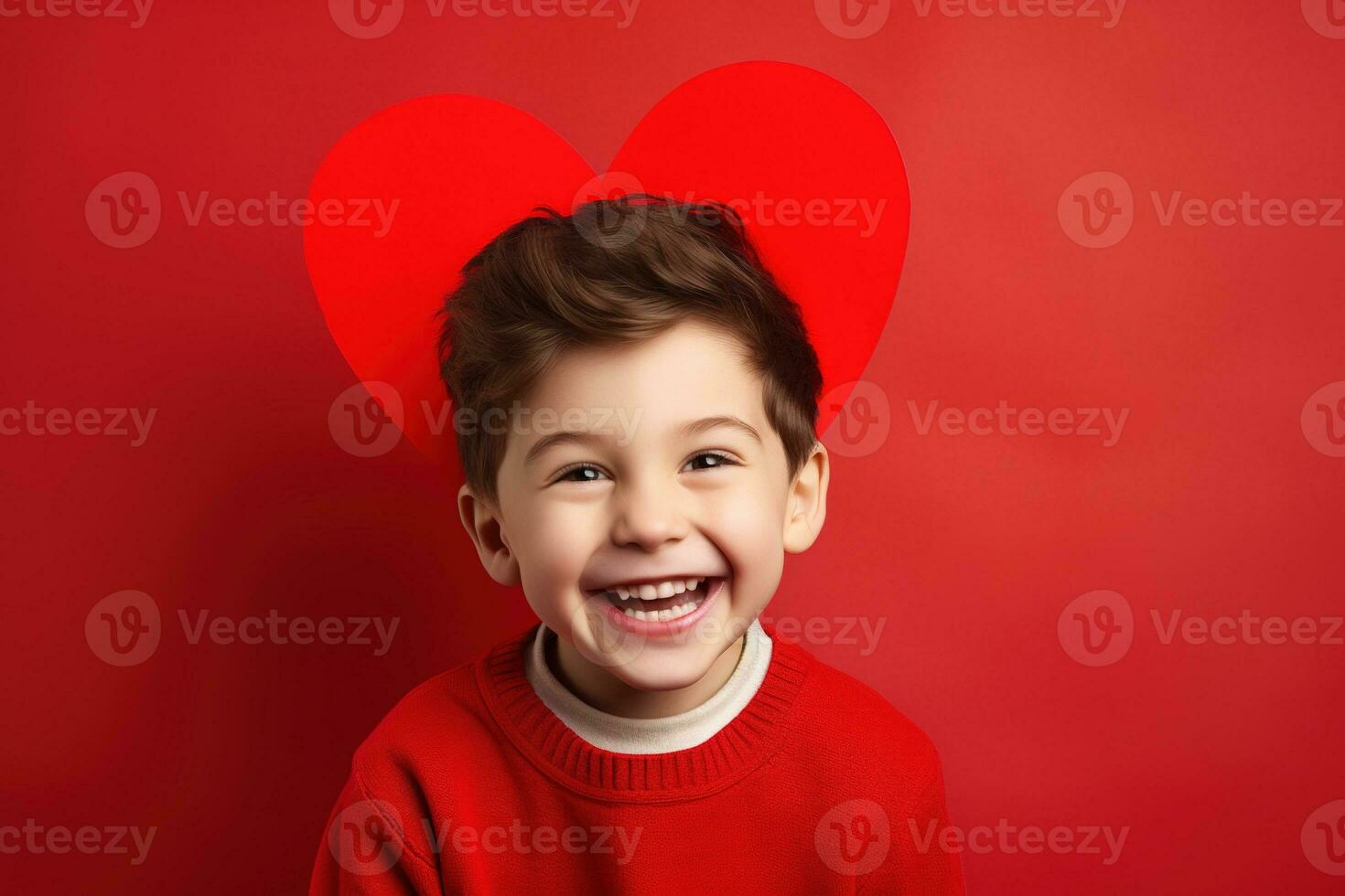 ai gerado feliz pequeno Garoto com vermelho corações em dia dos namorados dia. foto