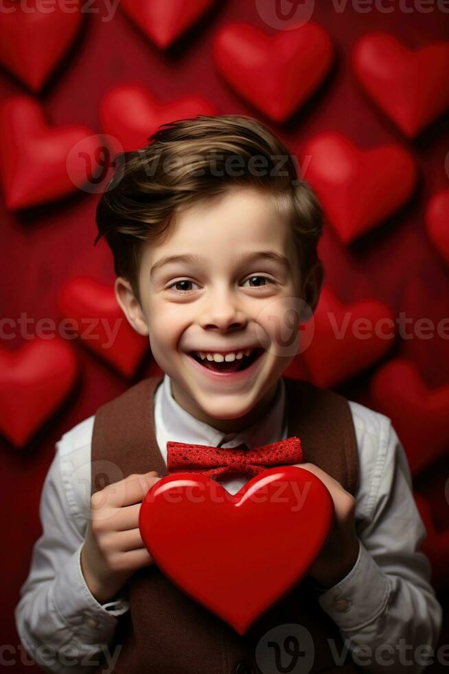 ai gerado feliz pequeno Garoto com vermelho corações em dia dos namorados dia. foto