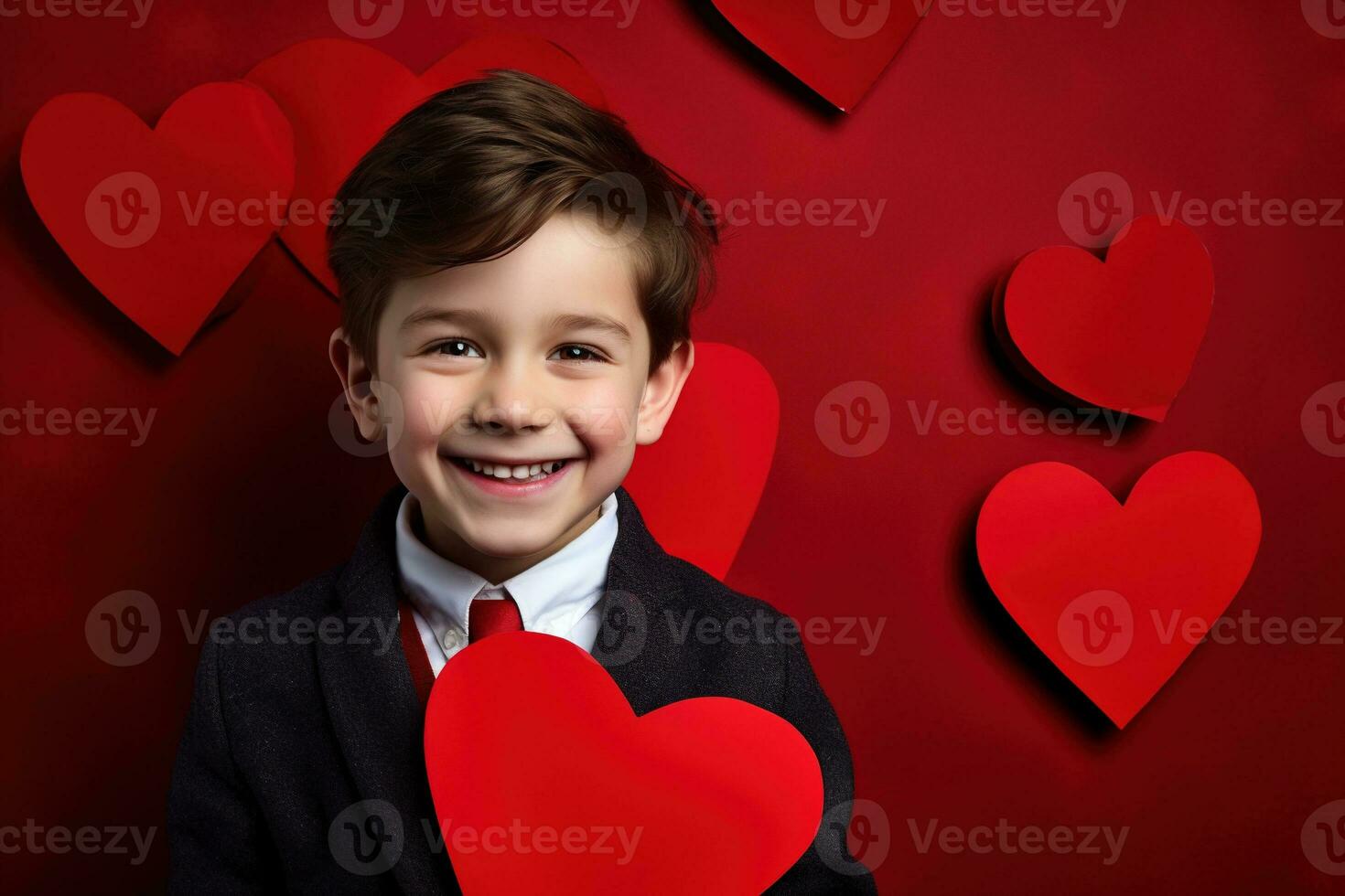 ai gerado feliz pequeno Garoto com vermelho corações em dia dos namorados dia. foto