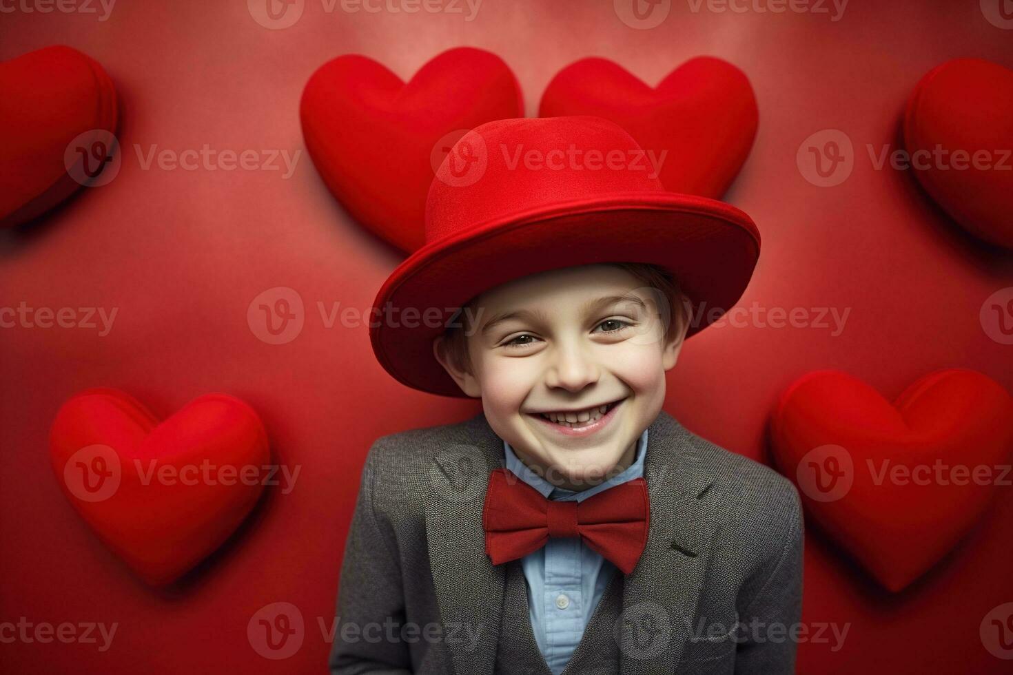 ai gerado feliz pequeno Garoto com vermelho corações em dia dos namorados dia. foto