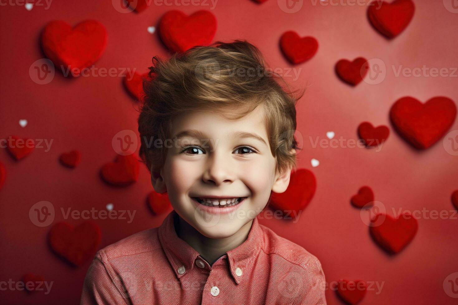 ai gerado feliz pequeno Garoto com vermelho corações em dia dos namorados dia. foto