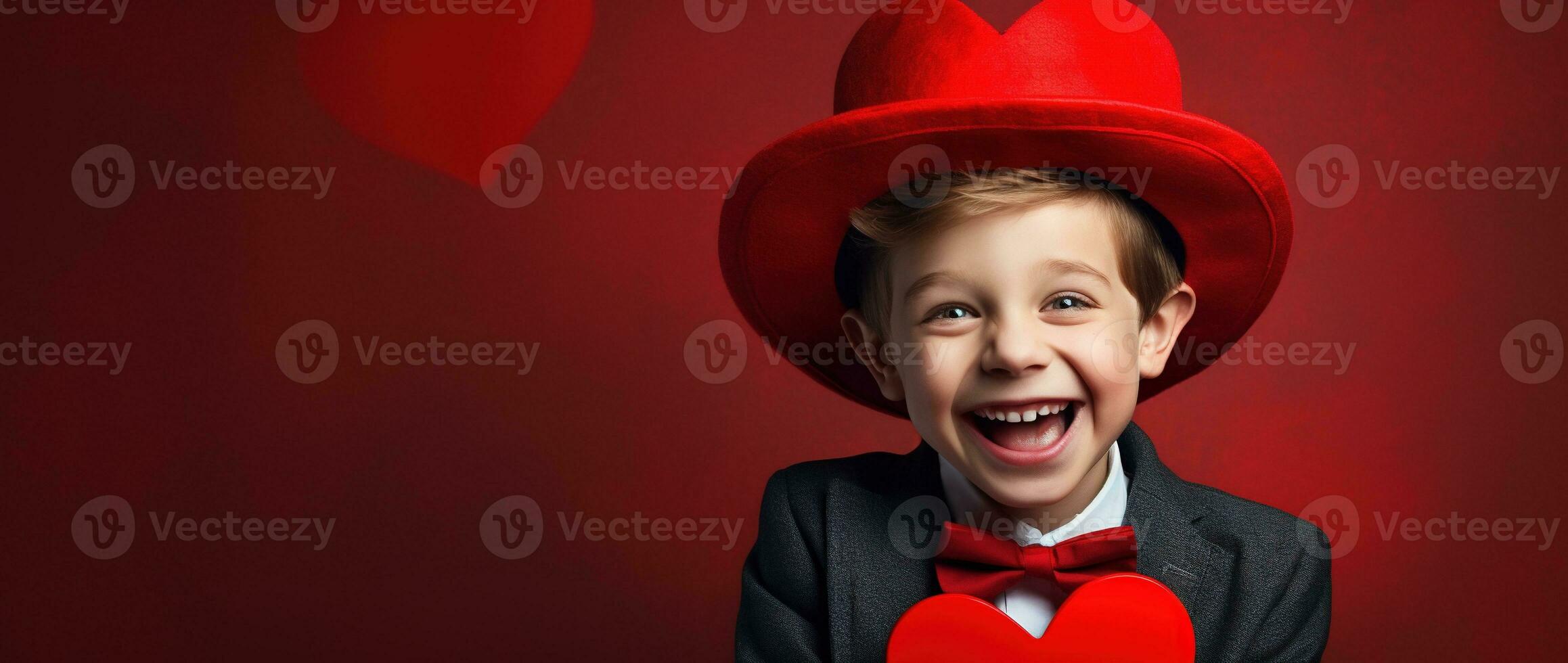 ai gerado feliz pequeno Garoto com vermelho corações em dia dos namorados dia. foto