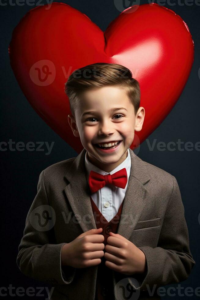 ai gerado feliz pequeno Garoto com vermelho corações em dia dos namorados dia. foto