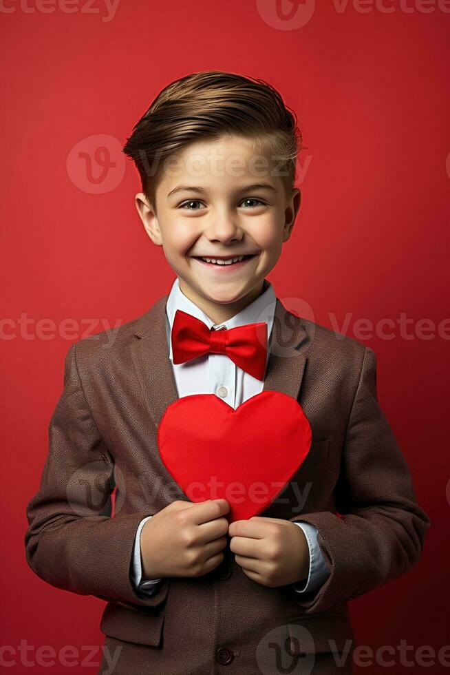 ai gerado feliz pequeno Garoto com vermelho corações em dia dos namorados dia. foto