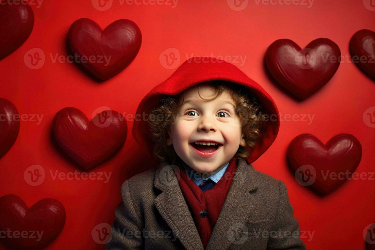 ai gerado feliz pequeno Garoto com vermelho corações em dia dos namorados dia. foto