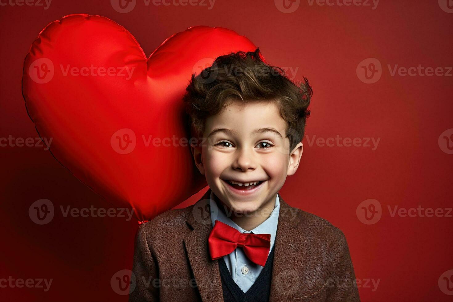 ai gerado feliz pequeno Garoto com vermelho corações em dia dos namorados dia. foto