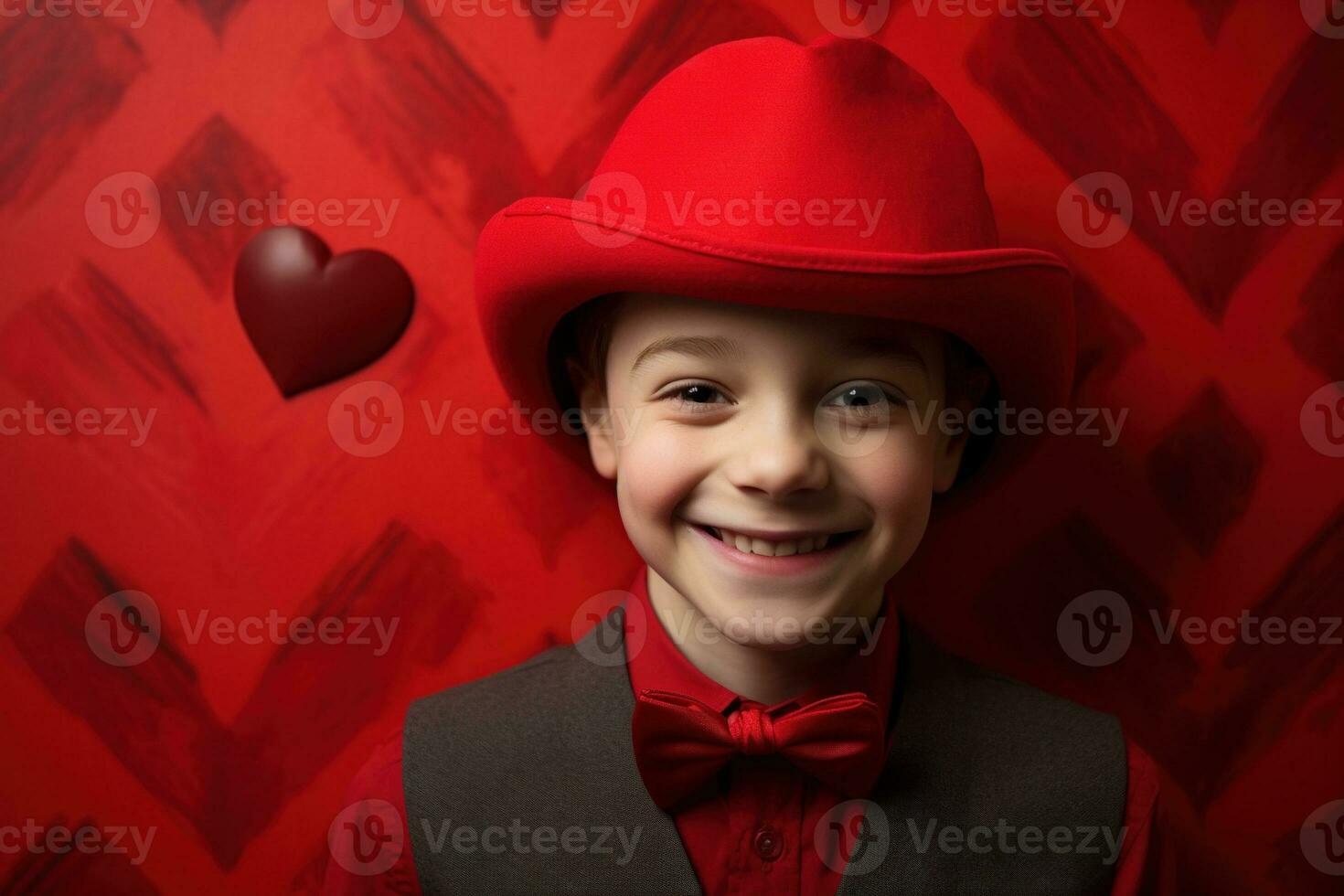 ai gerado feliz pequeno Garoto com vermelho corações em dia dos namorados dia. foto