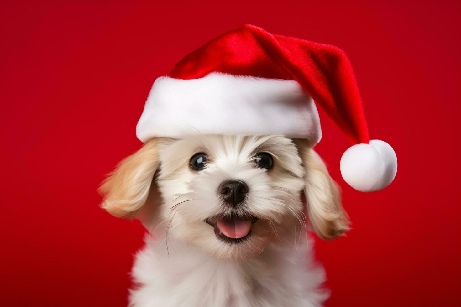 uma pequeno branco e Castanho cachorro vestindo uma santa chapéu, generativo ai foto