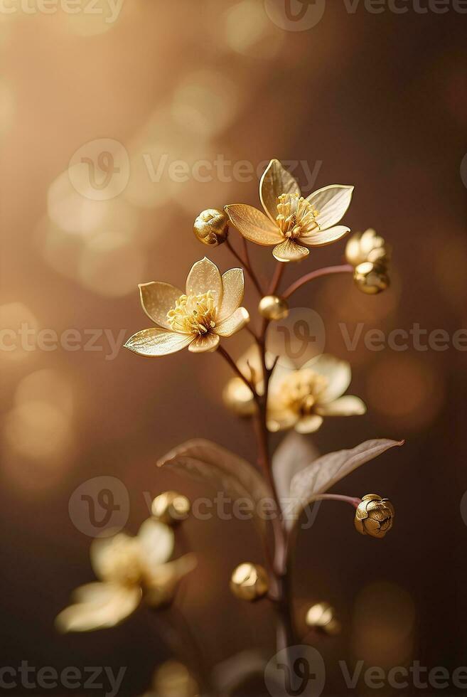 uma cremoso ouro flores com borrado Castanho fundo. foto