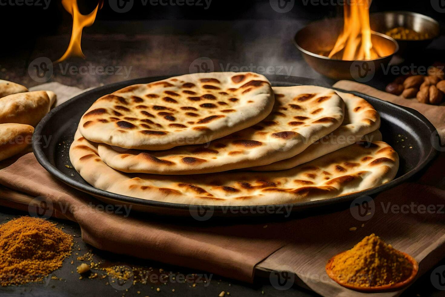 indiano pães achatados em uma Preto prato com especiarias. gerado por IA foto