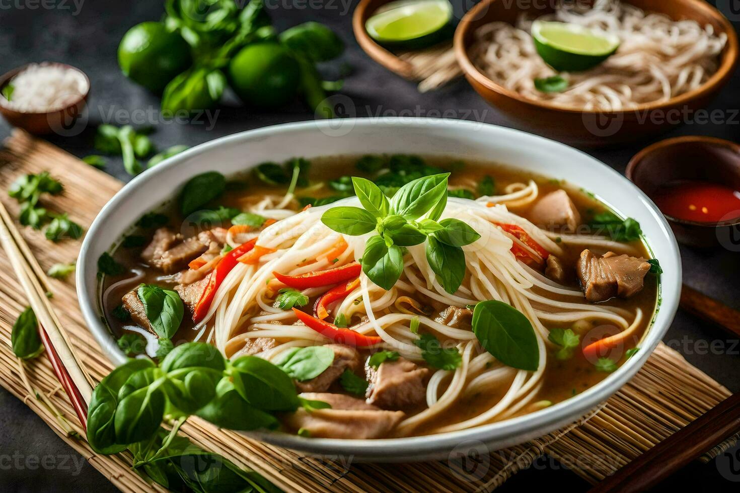 tailandês macarrão sopa com carne de porco e legumes. gerado por IA foto