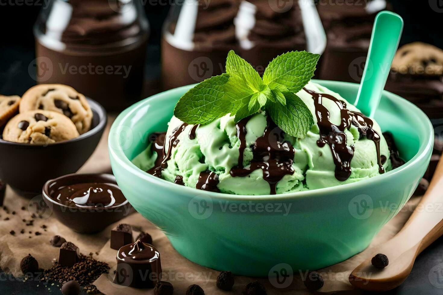 gelo creme com hortelã e chocolate salgadinhos. gerado por IA foto