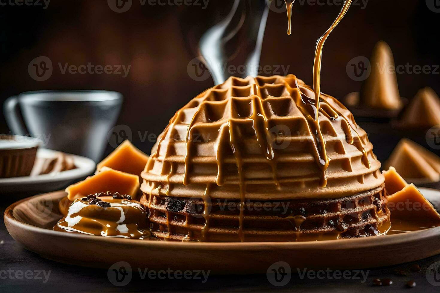 uma waffle com caramelo molho ser derramado em topo. gerado por IA foto