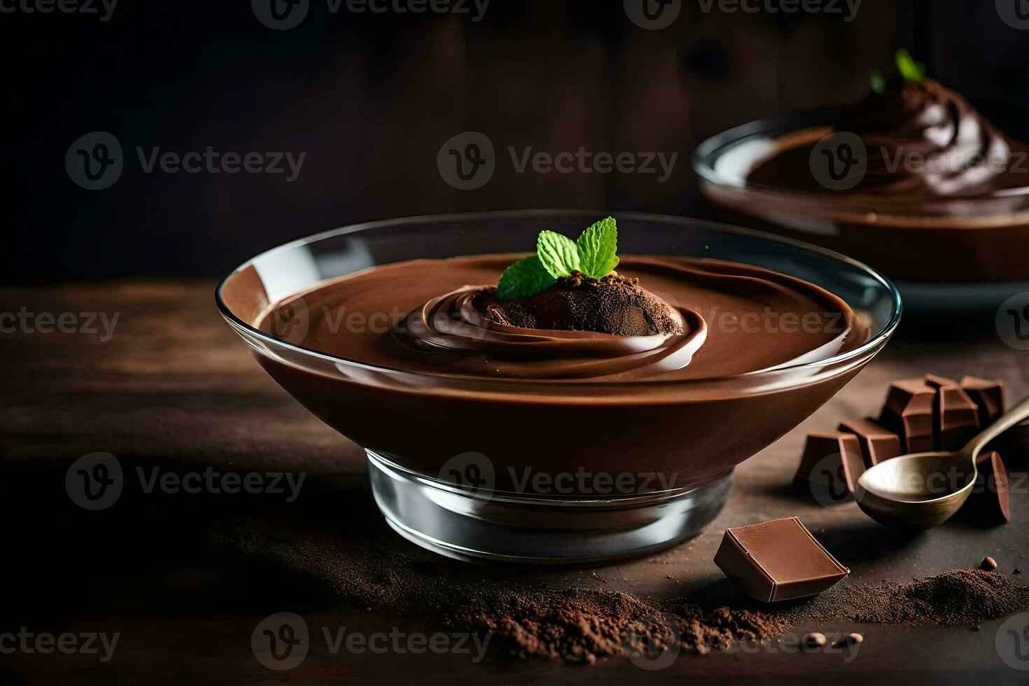 chocolate pudim dentro uma vidro tigela. gerado por IA foto