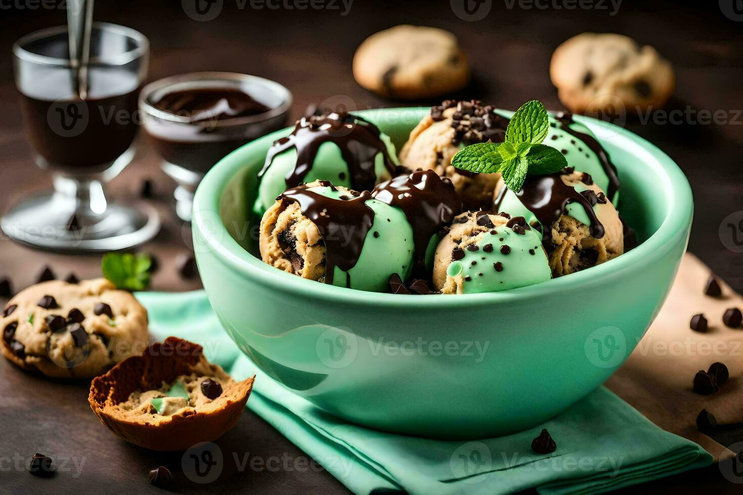 chocolate lasca biscoitos e hortelã gelo creme dentro uma tigela. gerado por IA foto