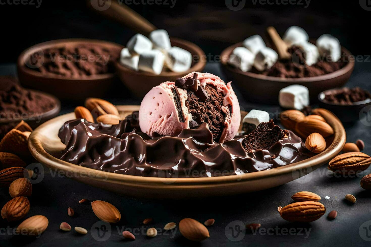 chocolate gelo creme com marshmallows e nozes. gerado por IA foto