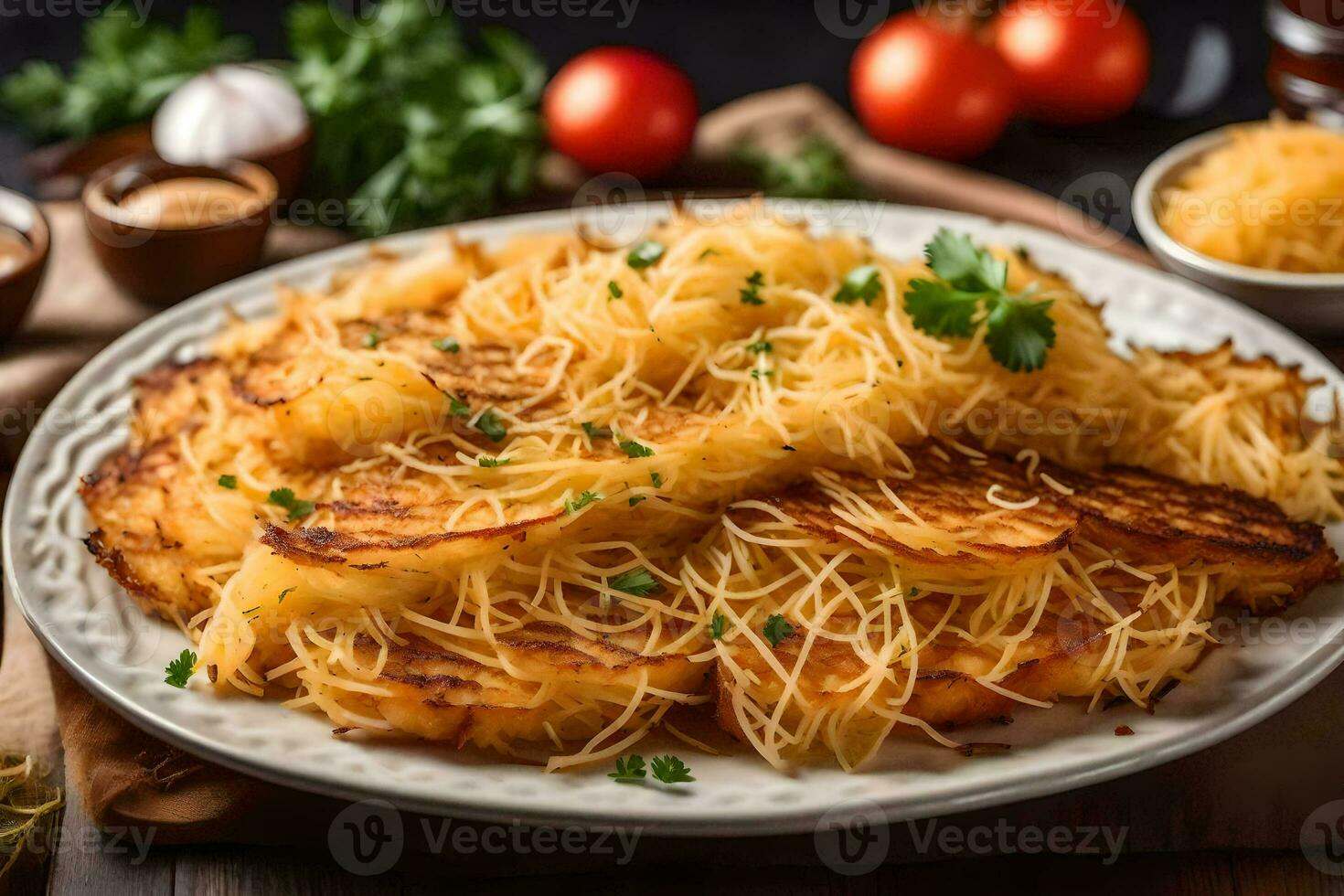 uma prato do espaguete com tomates e salsinha. gerado por IA foto